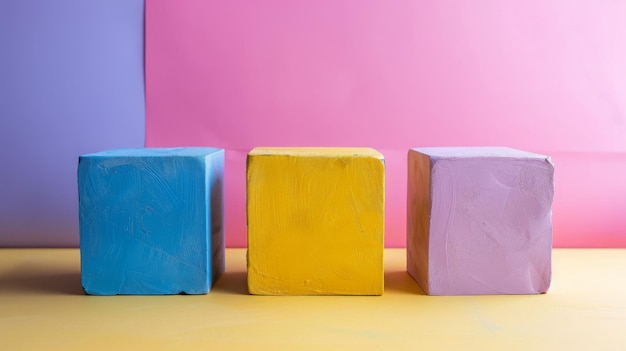 Three empty colorful blocks or cubes on yellow surface with pink and purple background