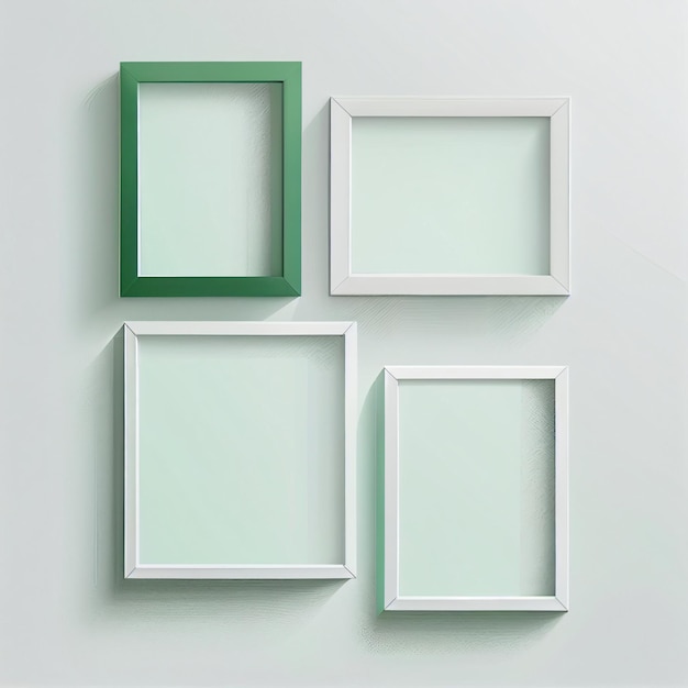 Three empty frames on a white wall with one green and one green.