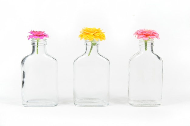 Three empty glass bottles with three Cynia flowers