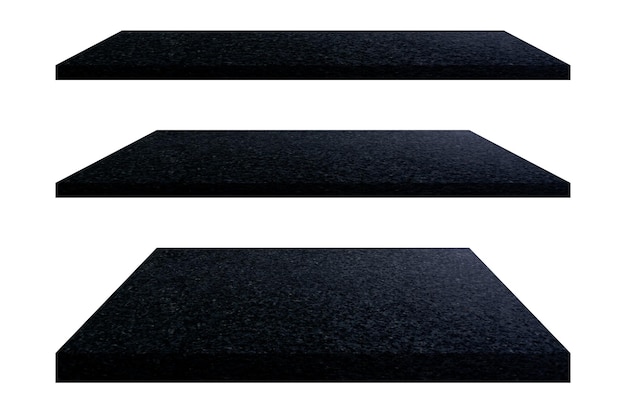 Three empty top of granite marble table shelves on white backgroundFor product displayclipping path