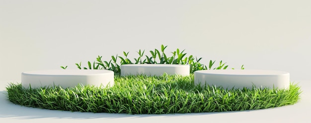 Three empty white round cylinder podiums on green grass are displaying natural products