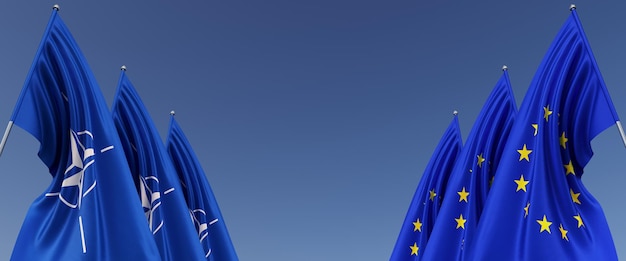 Three EU and NATO flags on flagpoles on the sides Flags on a blue background Place for text North Atlantic Treaty Organization European Union Commonwealth 3D illustration