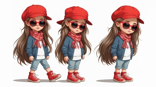 the three faces of a girl with long hair and sunglasses