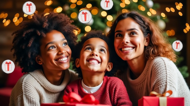 Three family members gather happily around colorful presents sharing smiles in a warm setting adorned with a beautifully lit Christmas tree