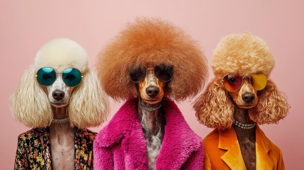 Photo three fashionable poodles showcase unique groomed hairstyles and stylish sunglasses embodying