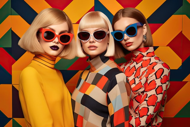 three fashionable women in sunglasses posing over colorful geometric background