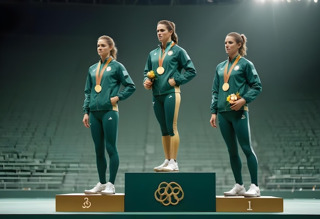 Photo three female athletes are standing on a podium with medals on it