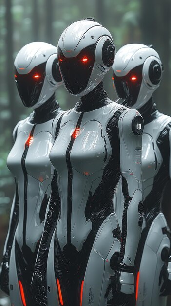 Photo three female cyborgs standing in foggy forest