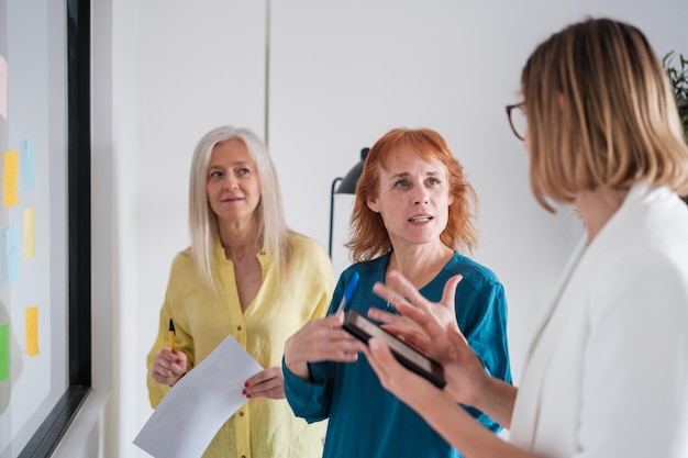 Three female entrepreneurs brainstorming and making notes to make good investments in the business Concept business woman start up invest