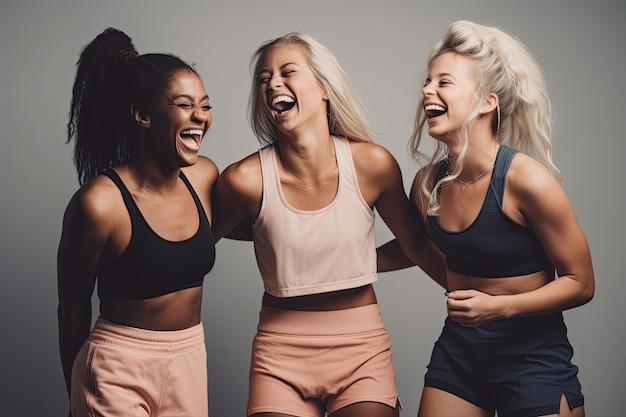 Three female friends laughing happily in a sports studio