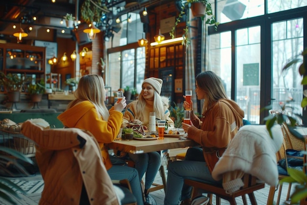 Three female friends sitting in cafe at lunch and talking