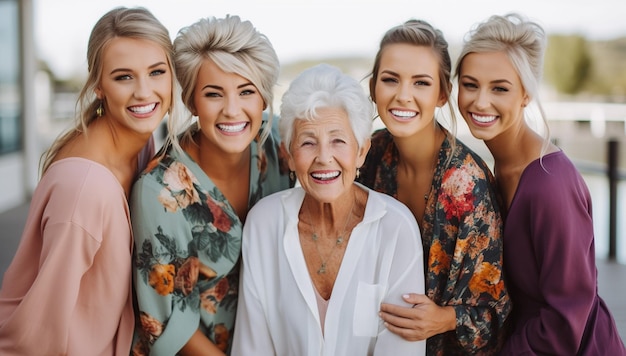 Three female generations family portrait cute girl hugging tightly beloved mom and grandma mother an