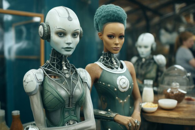 Photo three female robots standing next to each other