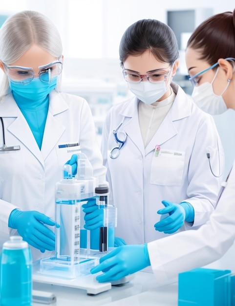 three female scientists are working in a lab with a lab coat