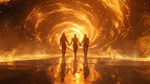 Three figures holding hands in fiery vortex generative ai