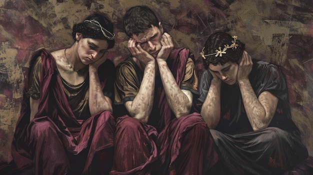 Photo three figures in roman attire depicting grief and despair