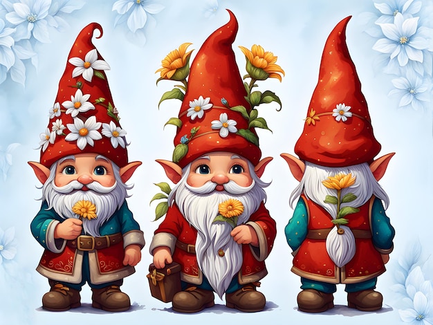 three figurines of a gnome with flowers and a hat