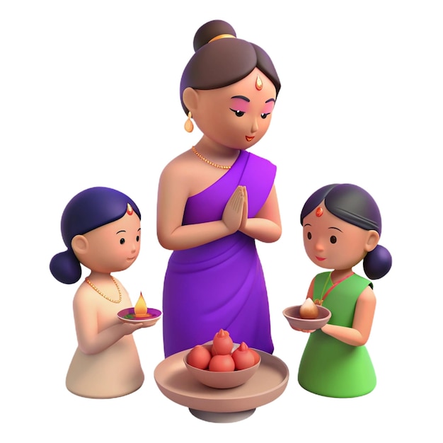 three figurines of a woman with a purple dress and two other girls