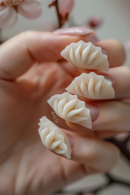 three fingers with white noodles on them that say  dumplings