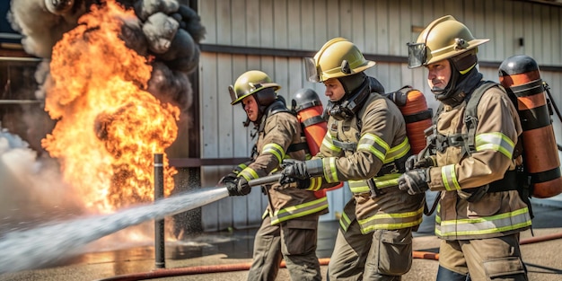 Three firefighters are spraying water on a fire