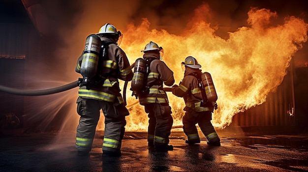 Three firefighters are standing in front of a burning car.