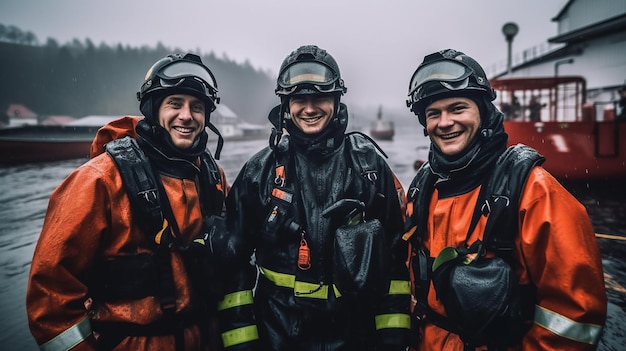 Three firefighters in uniforms and helmets smile at the camera