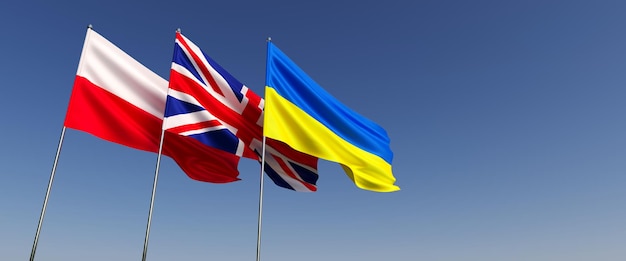 Three flags of the countries of Europe on a flagpole on a blue background Flag of Ukraine Poland and Great Britain State symbols Flags fluttering in the wind 3D illustration