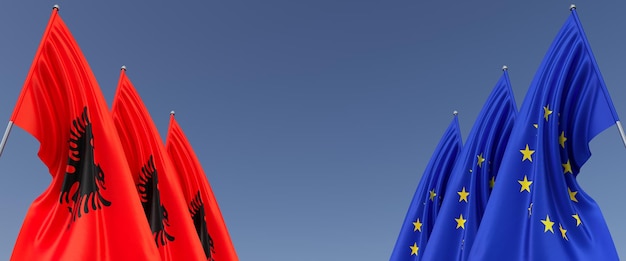 Three flags of the European Union and Albania on flagpoles on the sides Flags on a blue background Place for text EU Europe Tirana Commonwealth 3D illustration