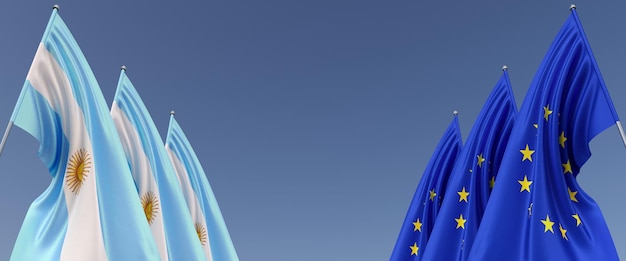 Three flags of the European Union and Argentina on flagpoles on the sides Flags on a blue background Place for text EU Europe Buenos Aires South America Commonwealth 3D illustration