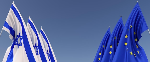 Three flags of the European Union and Israel on flagpoles on the sides Flags on a blue background Place for text EU Europe Jerusalem Commonwealth 3D illustration