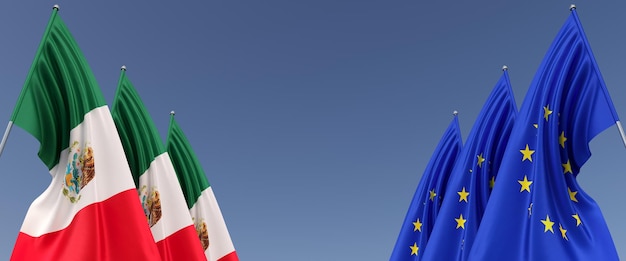 Three flags of the European Union and Mexico on flagpoles on the sides Flags on a blue background Place for text EU Europe Mexican Commonwealth 3D illustration