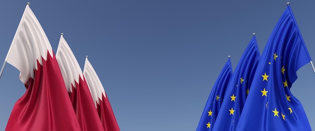 Three flags of the European Union and Qatar on flagpoles on the sides Flags on a blue background Place for text EU Europe Doha Commonwealth 3D illustration