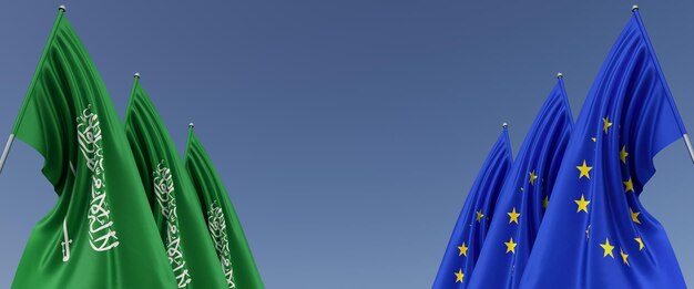 Three flags of the European Union and Saudi Arabia on flagpoles on the sides Flags on a blue background Place for text EU Europe Riyadh Commonwealth 3D illustration