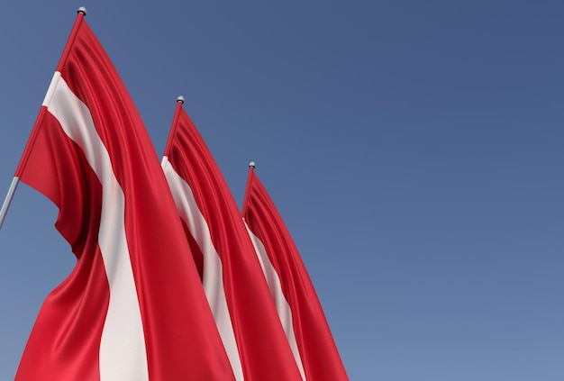 Three flags of Latvia on a flagpole on a blue background Place for text The flag is unfurling in wind Latvian Europe Riga 3D illustration