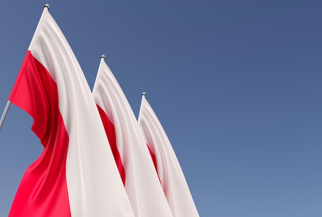 Three flags of Poland on a flagpole on a blue background Place for text The flag is unfurling in wind Polish Europe Warsaw 3D illustration