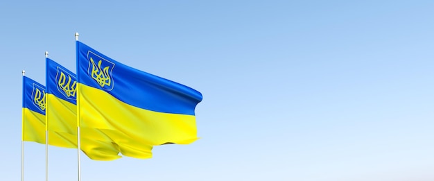 Three flags of Ukraine on the flagpole Blue and yellow Ukrainian flag 3D illustration