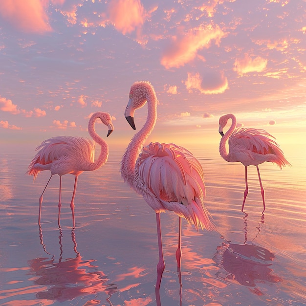 Three flamingos standing gracefully in the water creating a serene and beautiful scene at sunset