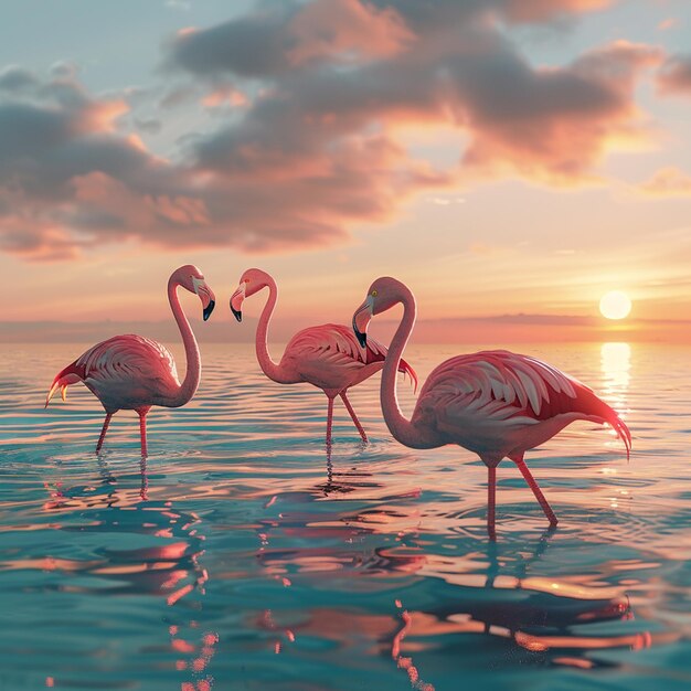 Three flamingos standing gracefully in the water creating a serene and beautiful scene at sunset