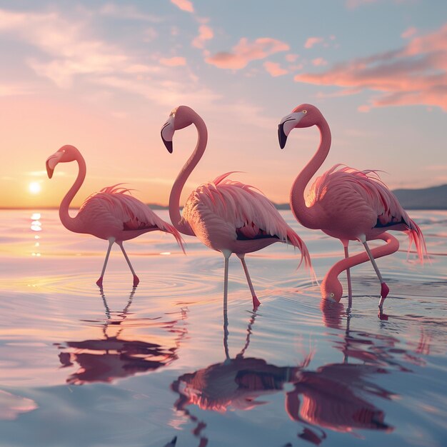 Three flamingos standing gracefully in the water creating a serene and beautiful scene at sunset