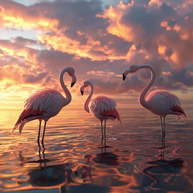 Three flamingos standing gracefully in the water creating a serene and beautiful scene at sunset