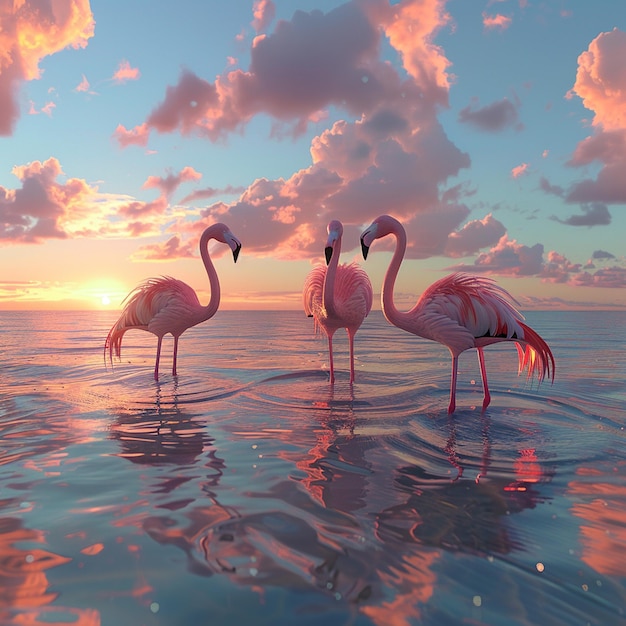 Photo three flamingos standing gracefully in the water creating a serene and beautiful scene at sunset