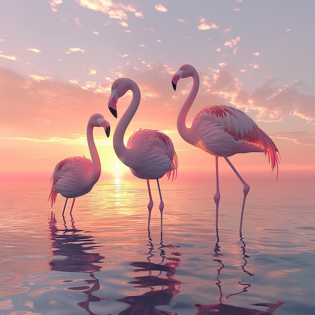 Three flamingos standing gracefully in the water creating a serene and beautiful scene at sunset