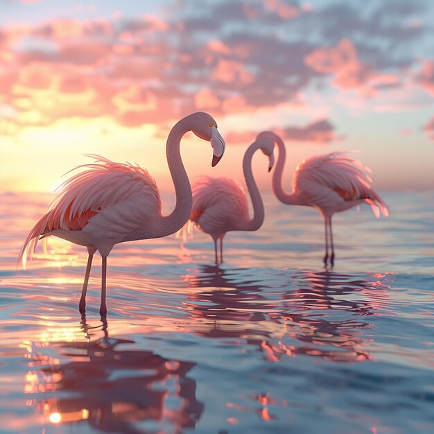 Three flamingos standing gracefully in the water creating a serene and beautiful scene at sunset