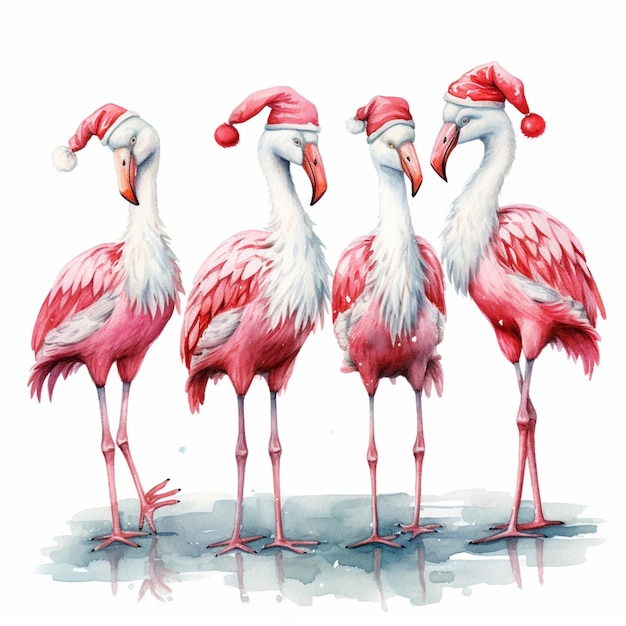 three flamingos wearing santa hats standing in a line generative ai