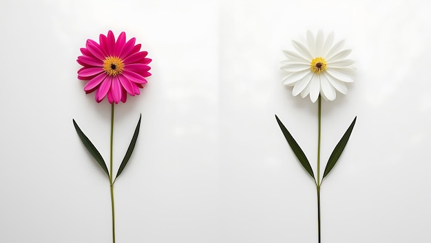 Photo three flowers with one pink and yellow on the bottom