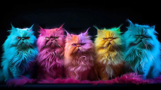 Photo three fluffy cats with different colored fur are sitting together