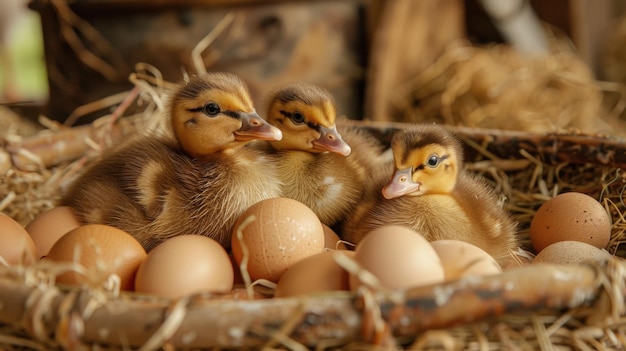 Photo three fluffy ducklings nestled among brown eggs in a cozy nest capturing a heartwarming rural scene