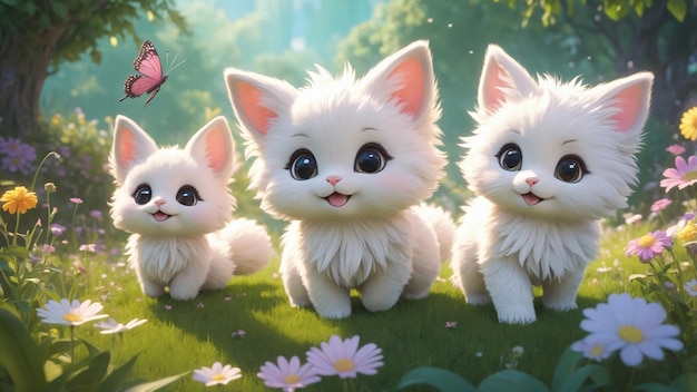 Three Fluffy Kittens in a Flowery Meadow