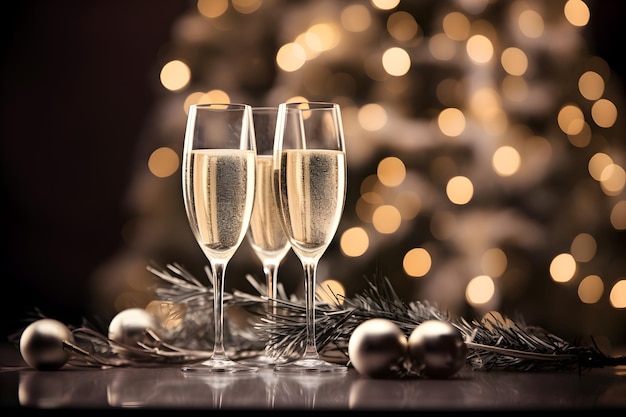 Three Flutes of Champagne on a Table Next to a Christmas