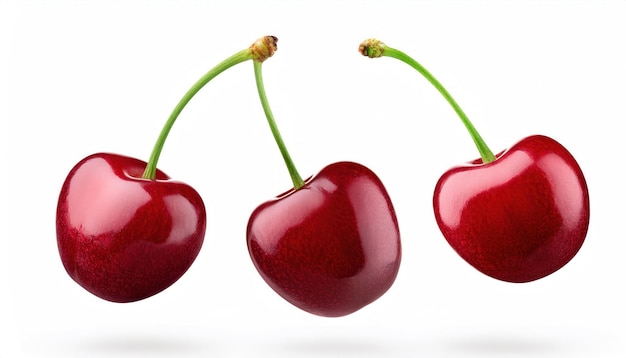 Three Flying Cherry Fruits Isolated on White Background